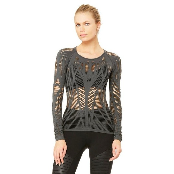ALO Yoga shirt Cut Out Cuffed long Sleeve fitted top grey - Picture 1 of 8
